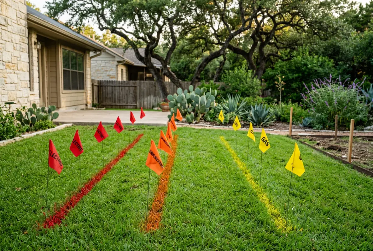 Red, orange and yellow utility locate flags and paint lines across a front lawn